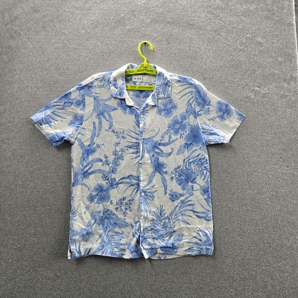 Porter & Ash Women Button Up Shirt White Linen Floral Hawaiian Shirt Loop Collar